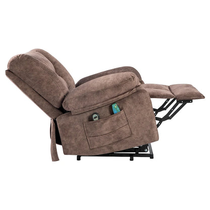 Fauteuil inclinable releveur en velours marron, massage, chauffant, poches, 8 points