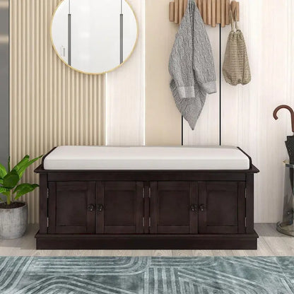 Banc de rangement capitonné multifonction 4 portes Farmhouse 42.70 avec étagères réglables et range-chaussures pour entrée