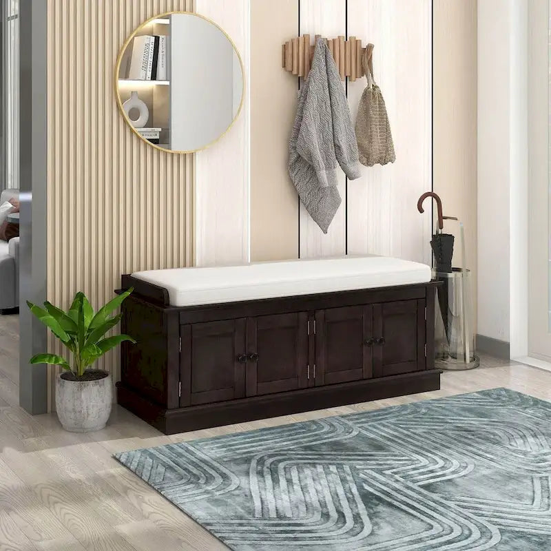 Banc de rangement capitonné multifonction 4 portes Farmhouse 42.70 avec étagères réglables et range-chaussures pour entrée