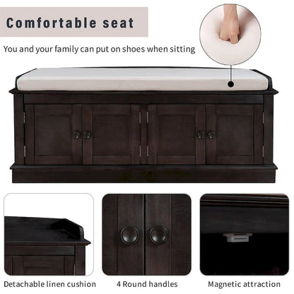 Banc de rangement capitonné multifonction 4 portes Farmhouse 42.70 avec étagères réglables et range-chaussures pour entrée