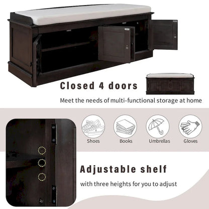 Banc de rangement capitonné multifonction 4 portes Farmhouse 42.70 avec étagères réglables et range-chaussures pour entrée