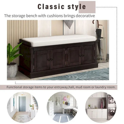 Banc de rangement capitonné multifonction 4 portes Farmhouse 42.70 avec étagères réglables et range-chaussures pour entrée