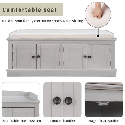 Banc de rangement capitonné multifonction 4 portes Farmhouse 42.70 avec étagères réglables et range-chaussures pour entrée