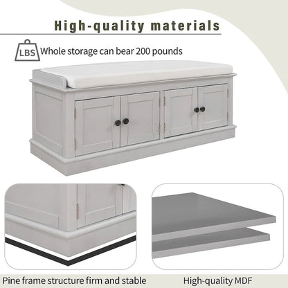Banc de rangement capitonné multifonction 4 portes Farmhouse 42.70 avec étagères réglables et range-chaussures pour entrée