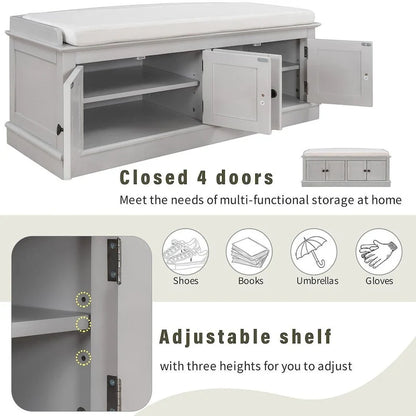 Banc de rangement capitonné multifonction 4 portes Farmhouse 42.70 avec étagères réglables et range-chaussures pour entrée