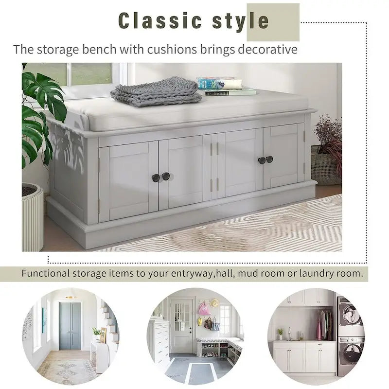 Banc de rangement capitonné multifonction 4 portes Farmhouse 42.70 avec étagères réglables et range-chaussures pour entrée