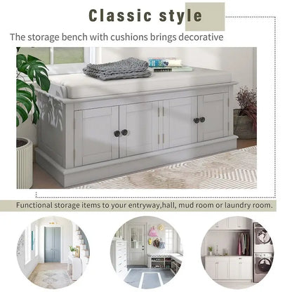 Banc de rangement capitonné multifonction 4 portes Farmhouse 42.70 avec étagères réglables et range-chaussures pour entrée