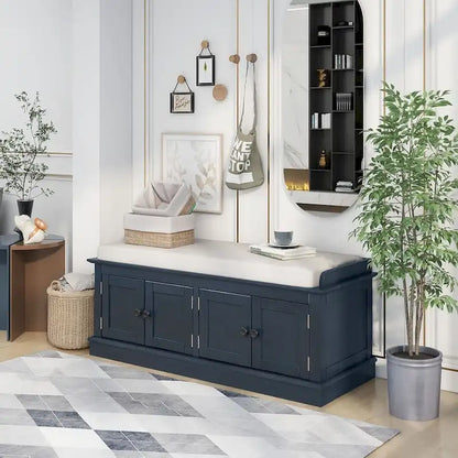 Banc de rangement capitonné multifonction 4 portes Farmhouse 42.70 avec étagères réglables et range-chaussures pour entrée