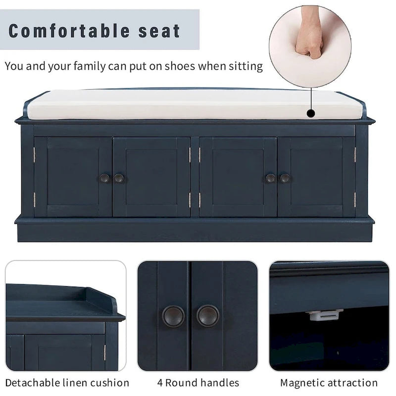 Banc de rangement capitonné multifonction 4 portes Farmhouse 42.70 avec étagères réglables et range-chaussures pour entrée