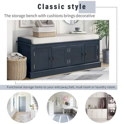 Banc de rangement capitonné multifonction 4 portes Farmhouse 42.70 avec étagères réglables et range-chaussures pour entrée