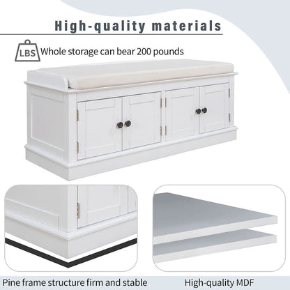 Banc de rangement capitonné multifonction 4 portes Farmhouse 42.70 avec étagères réglables et range-chaussures pour entrée