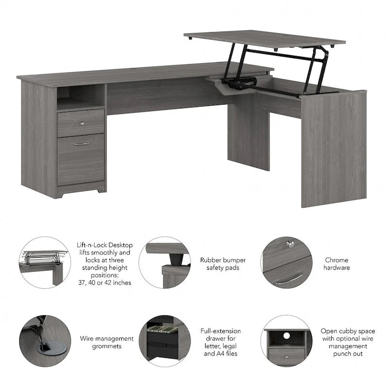 Bureau assis-debout en L à 3 positions 72 W