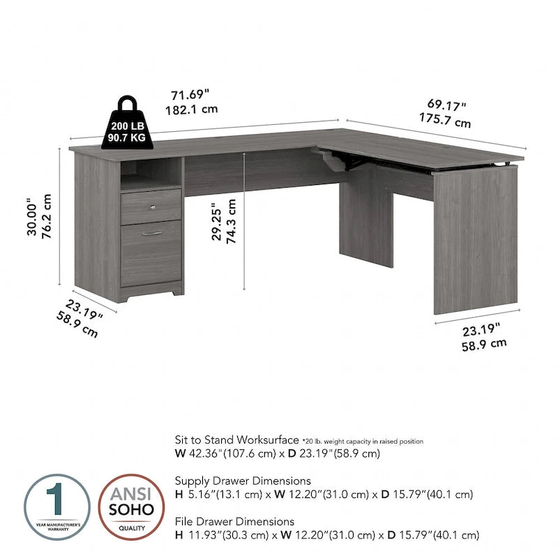 Bureau assis-debout en L à 3 positions 72 W