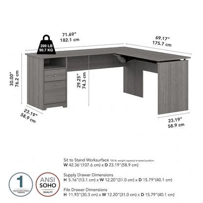 Bureau assis-debout en L à 3 positions 72 W
