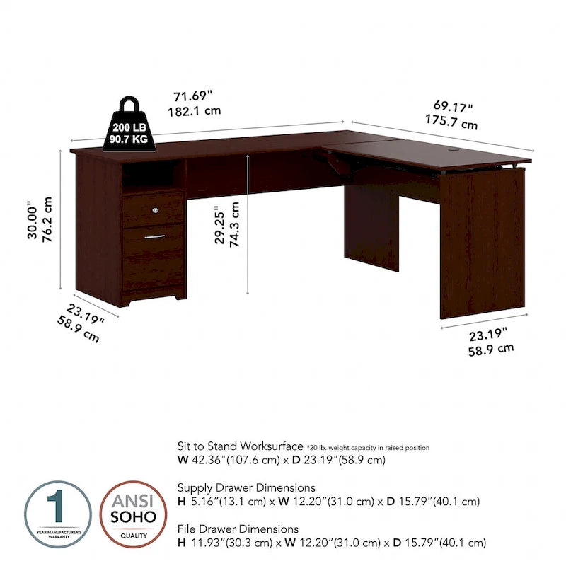 Bureau assis-debout en L à 3 positions 72 W