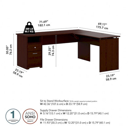 Bureau assis-debout en L à 3 positions 72 W