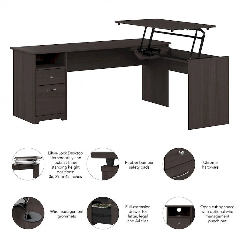 Bureau assis-debout en L à 3 positions 72 W