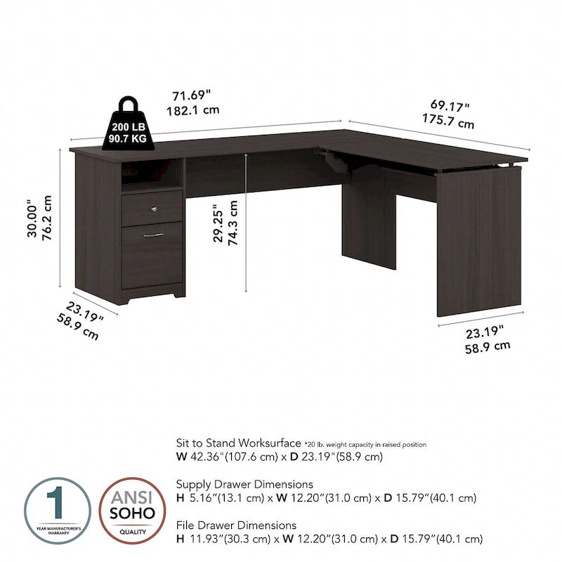 Bureau assis-debout en L à 3 positions 72 W