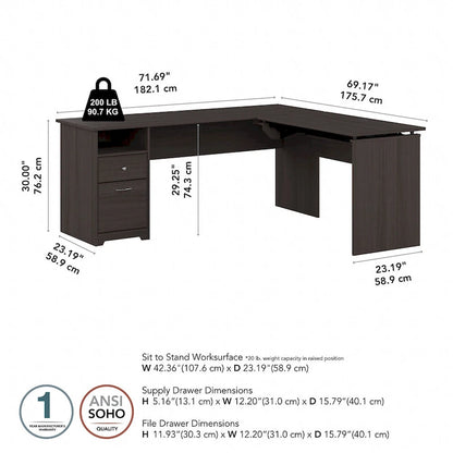 Bureau assis-debout en L à 3 positions 72 W