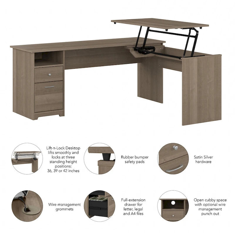 Bureau assis-debout en L à 3 positions 72 W