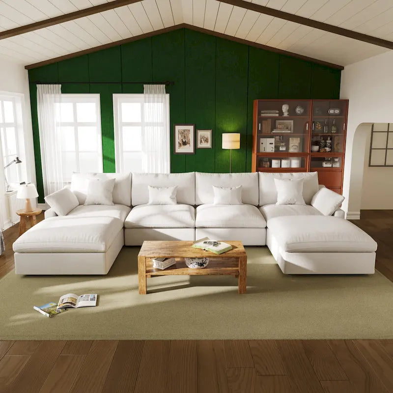 Oversized Linen Sectional Sofa Down Filled U-Shaped Couch for Living Room Set