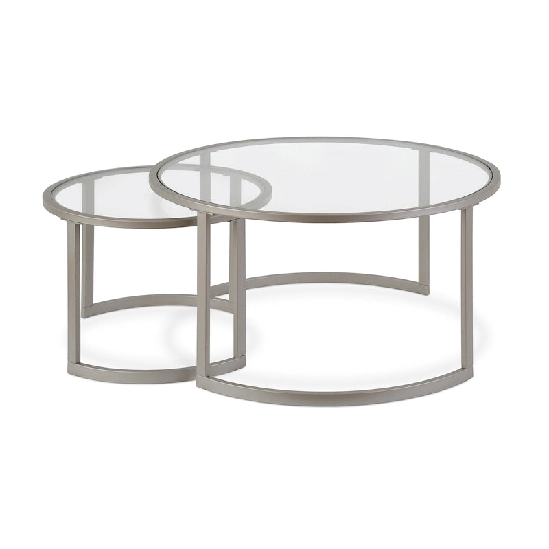 36 tables basses gigognes rondes en verre et acier (lot de 2)