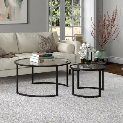 36 tables basses gigognes rondes en verre et acier (lot de 2)
