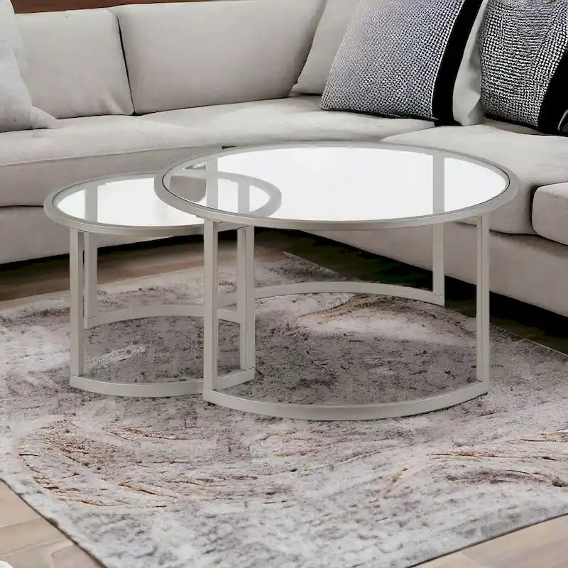 36 tables basses gigognes rondes en verre et acier (lot de 2)