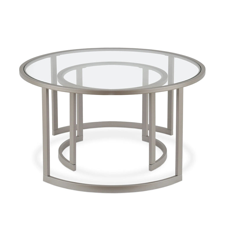 36 tables basses gigognes rondes en verre et acier (lot de 2)