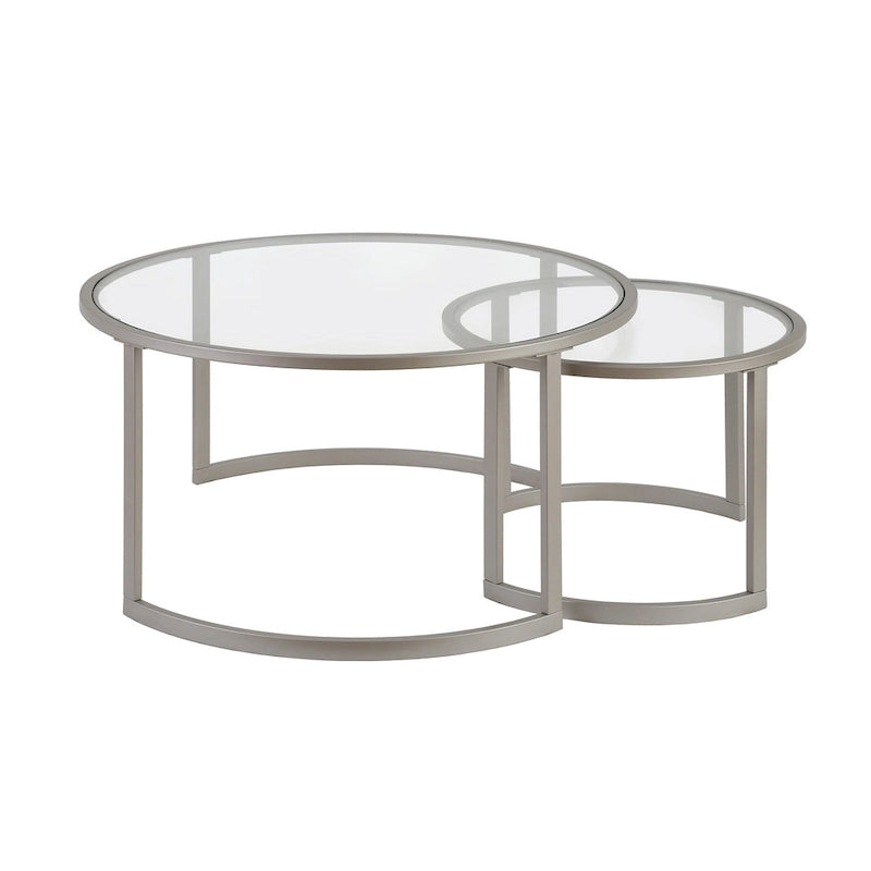 36 tables basses gigognes rondes en verre et acier (lot de 2)