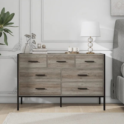 Commode horizontale à 7 tiroirs, Armoire de rangement en bois pour chambre à coucher, Meuble de rangement solide avec cadre en acier robuste