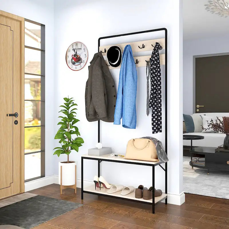 Lotus Home Oak Color Hall Tree 32 Wide with Bench and Shoe Storage - 31.5*11.5*67 inches