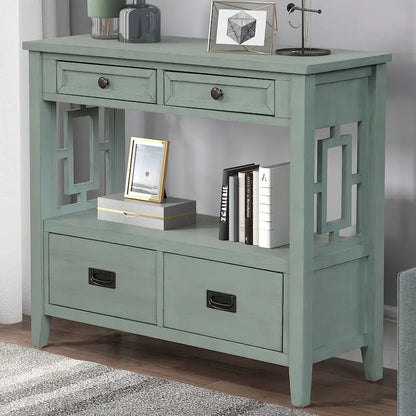 Table console de 36 po en pin de style rustique pour entrée de canapé avec 4 tiroirs et 1 étagère de rangement