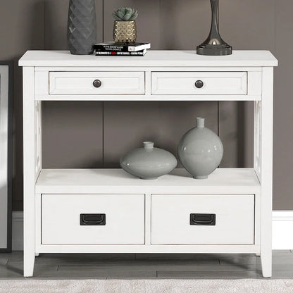 Table console de 36 po en pin de style rustique pour entrée de canapé avec 4 tiroirs et 1 étagère de rangement