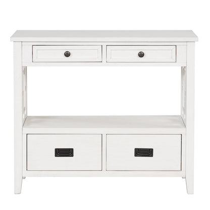 Table console de 36 po en pin de style rustique pour entrée de canapé avec 4 tiroirs et 1 étagère de rangement