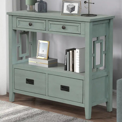 Table console de 36 po en pin de style rustique pour entrée de canapé avec 4 tiroirs et 1 étagère de rangement