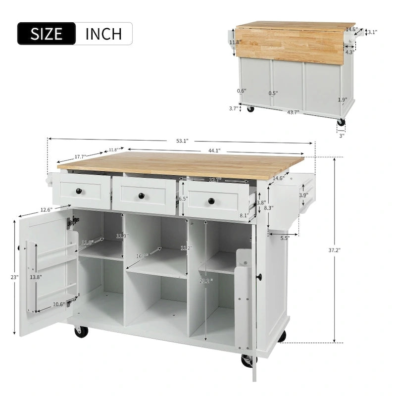 Îlot de cuisine en MDF de 53 po de largeur avec comptoir et armoire de rangement