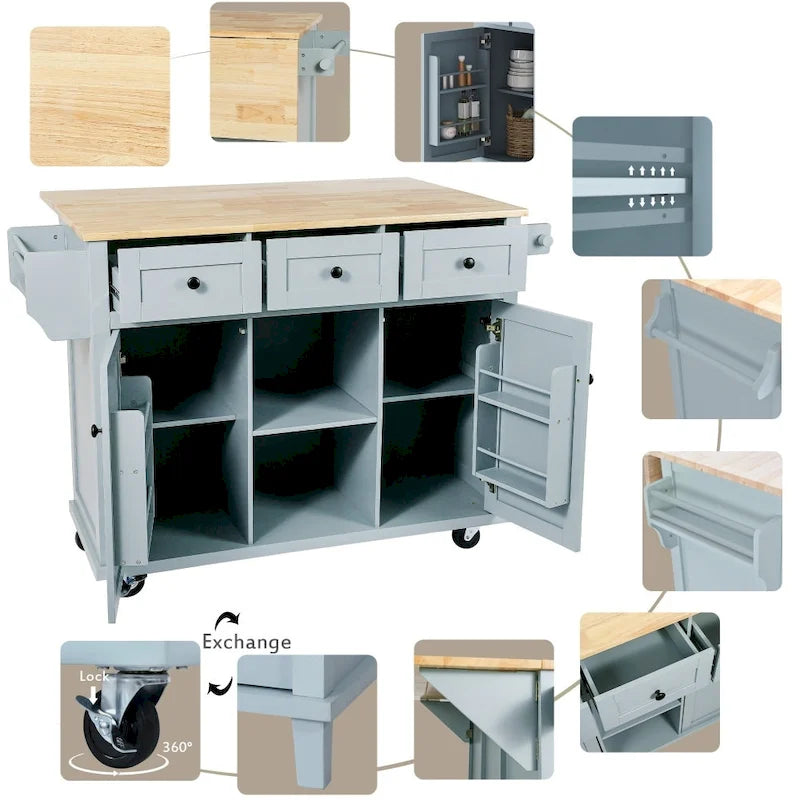 Îlot de cuisine en MDF de 53 po de largeur avec comptoir et armoire de rangement