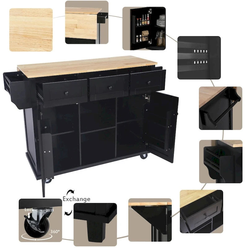 Îlot de cuisine en MDF de 53 po de largeur avec comptoir et armoire de rangement