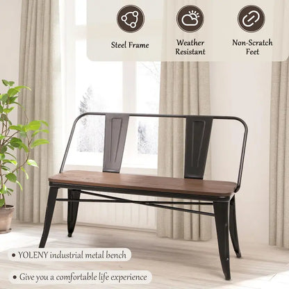 Banc de salle à manger, Banc d'entrée avec dossier, Banc de salle à manger en métal style ferme, Banc industriel du milieu du siècle pour 3 personnes, Assise en bois