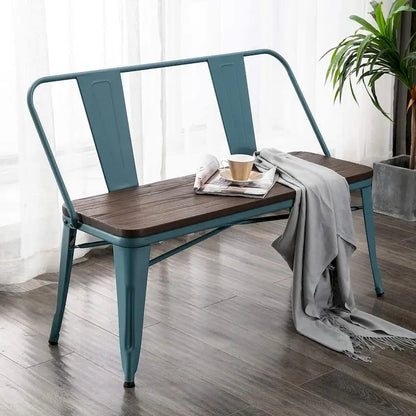 Banc de salle à manger, Banc d'entrée avec dossier, Banc de salle à manger en métal style ferme, Banc industriel du milieu du siècle pour 3 personnes, Assise en bois