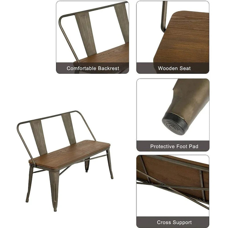 Banc de salle à manger, Banc d'entrée avec dossier, Banc de salle à manger en métal style ferme, Banc industriel du milieu du siècle pour 3 personnes, Assise en bois