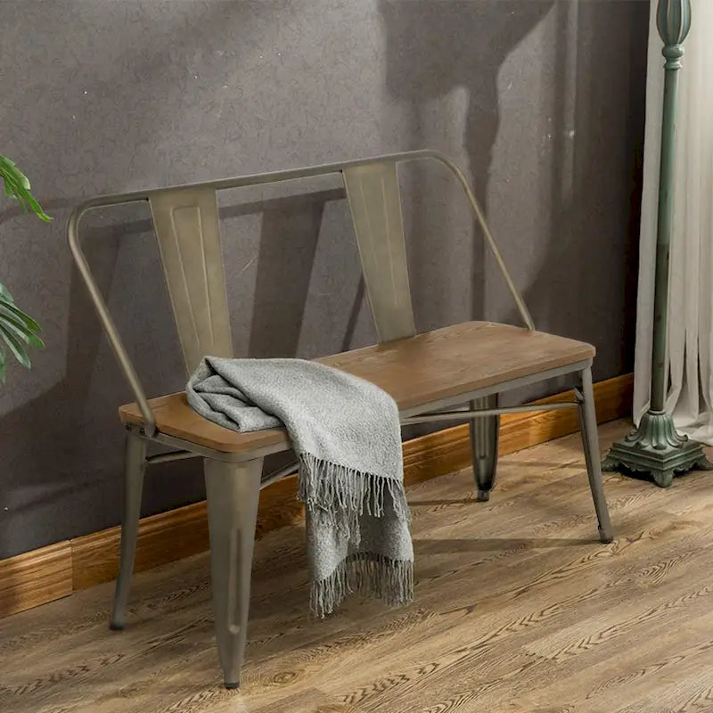 Banc de salle à manger, Banc d'entrée avec dossier, Banc de salle à manger en métal style ferme, Banc industriel du milieu du siècle pour 3 personnes, Assise en bois