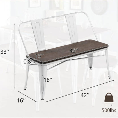 Banc de salle à manger, Banc d'entrée avec dossier, Banc de salle à manger en métal style ferme, Banc industriel du milieu du siècle pour 3 personnes, Assise en bois