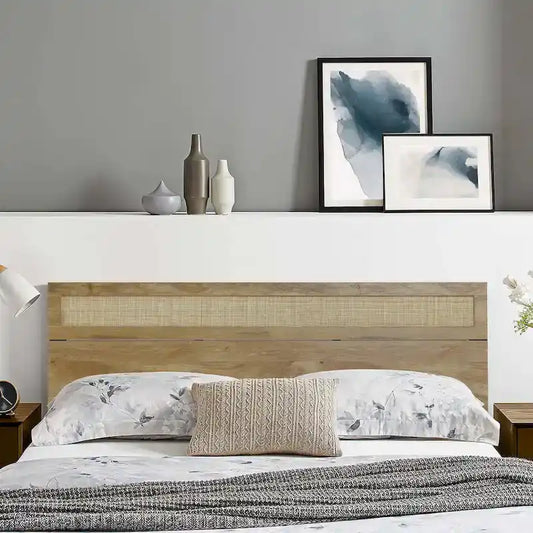 Oak Finish Manufactured Wood with Natural Rattan Top Headboard, King or Queen