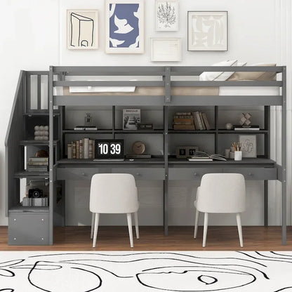 Cadre de lit mezzanine simple avec escalier de rangement, deux bureaux et étagères, gris