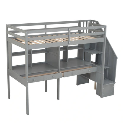 Cadre de lit mezzanine simple avec escalier de rangement, deux bureaux et étagères, gris