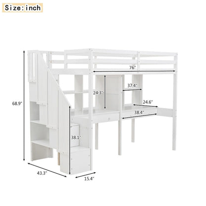 Cadre de lit mezzanine simple avec escalier de rangement, deux bureaux et étagères, gris
