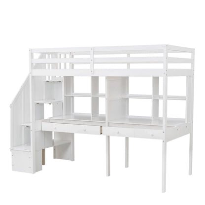 Cadre de lit mezzanine simple avec escalier de rangement, deux bureaux et étagères, gris