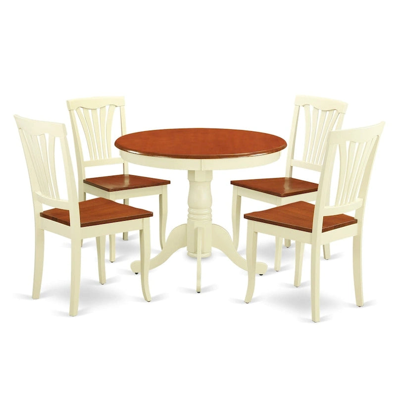 Table à manger ronde de cuisine avec 4 chaises, Crème et Merisier